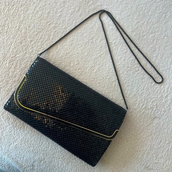 Vintage 80s Black Mesh Evening Clutch with Gold Trim - Picture 3 of 16